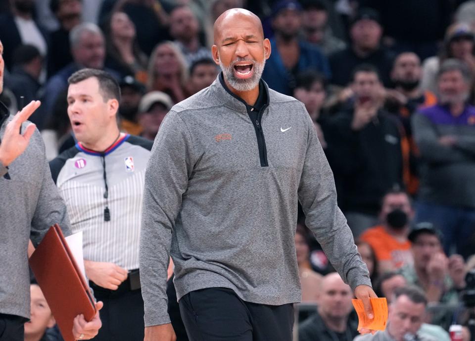 Nov 4, 2022; Phoenix, AZ, USA; Phoenix Suns head coach Monty Williams yells out to the referee after disagreeing with a call against the Portland Trail Blazers at Footprint Center. Mandatory Credit: Joe Rondone-Arizona Republic