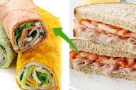 <b>SWAP: Sandwiches for wraps</b><br><br>Nutritionist <a href="http://www.vickiedgson.com/" rel="nofollow noopener" target="_blank" data-ylk="slk:Vicki Edgson;elm:context_link;itc:0;sec:content-canvas" class="link ">Vicki Edgson</a> says: "Commercial bread is full of sugar (amongst other things) to guarantee rising and make the loads uniform."<br><br> As flat breads don't need to rise they don't have as much sugar, so opt for these at lunchtime.