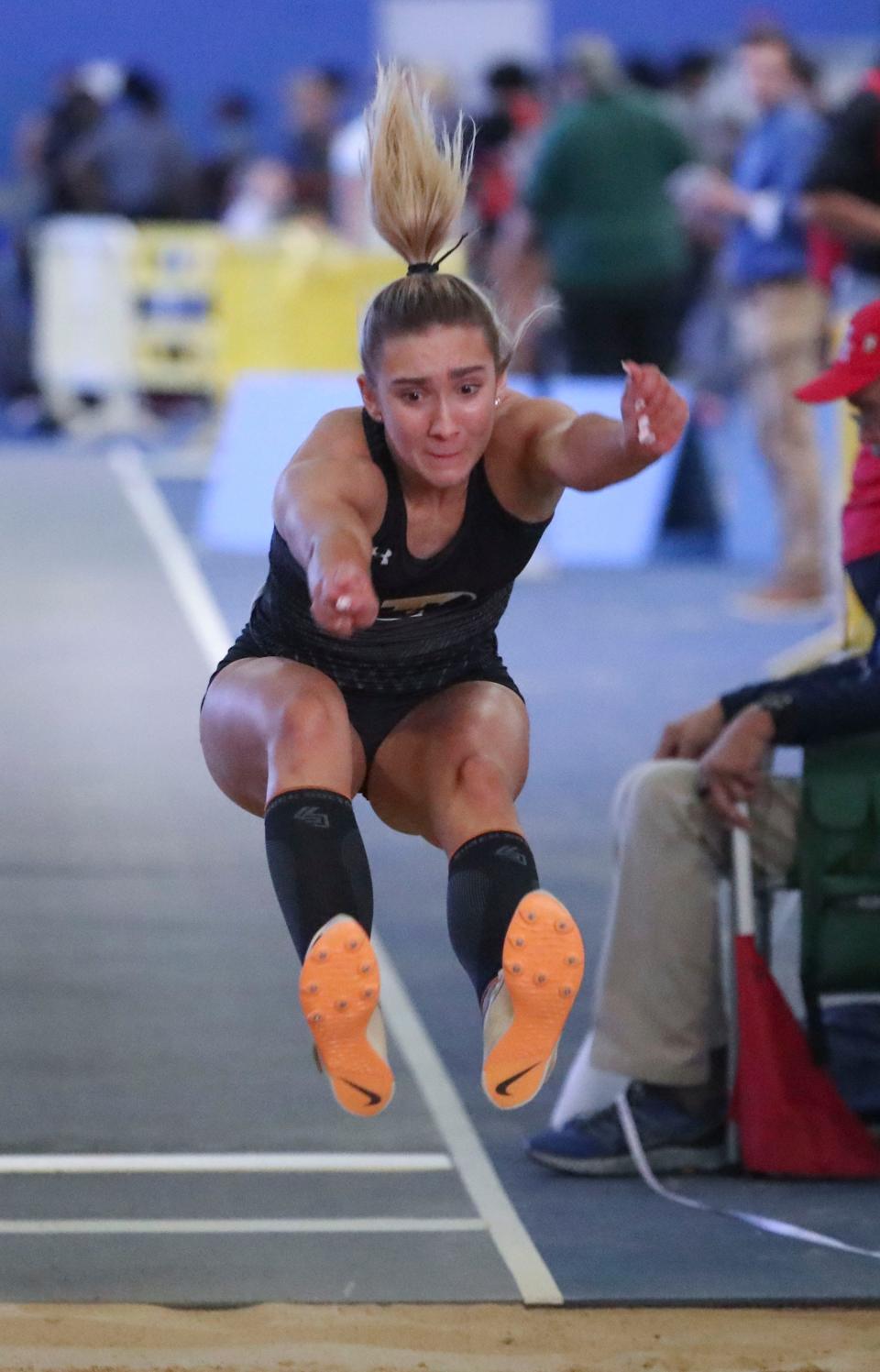 Padua's Juliana Balon takes first place in the long jump during the DIAA indoor track and field championships at the Prince George's Sports and Learning Complex in Landover, Md., Saturday, Feb. 3, 2023.