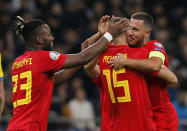 Belgium's Thomas Meunier center, celebrates with teammates after scoring his side's second goal during the Euro 2020 group I qualifying soccer match between Kazakhstan and Belgium at the Astana Arena stadium in Nur-Sultan, Kazakhstan, Sunday, Oct. 13, 2019. (AP Photo)