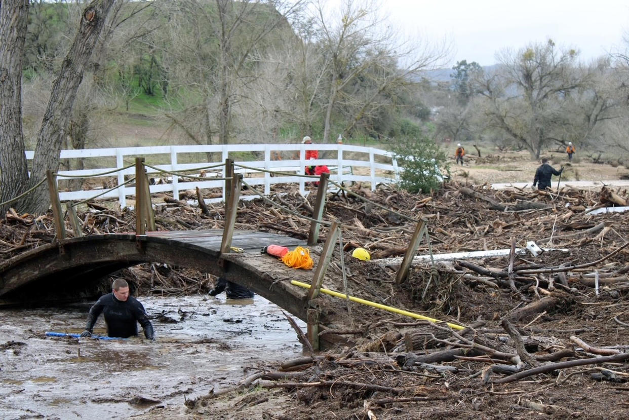 Rescuers search for 5-year-old Kyle Doan, who was swept away by floodwaters, near San Miguel, Calif. on Jan. 11, 2023.  (San Luis Obispo County Sheriff's Office via AP)