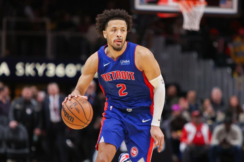 Pistons guard Cade Cunningham dribbles in the second half of the Pistons' 130-124 loss on Monday, Dec. 18, 2023, in Atlanta.