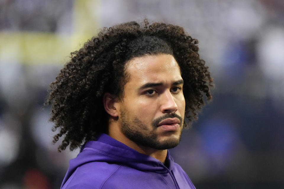 FILE - Minnesota Vikings linebacker Eric Kendricks stands on the field before an NFL wild card playoff football game against the New York Giants, Sunday, Jan. 15, 2023, in Minneapolis. The Vikings started their salary cap purge by terminating the contract of veteran linebacker Eric Kendricks on Monday, March 6, ending his eight-year run with the team. (AP Photo/Charlie Neibergall, File)