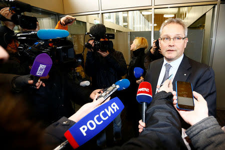 Court of Arbitration for Sport (CAS) secretary general Matthieu Reeb speaks to the media during the hearings of the cases of 39 of the 42 Russian athletes who have challenged the decisions taken by the Disciplinary Commission of the International Olympic Committee (IOC DC) in relation to the 2014 Sochi Winter Olympic Games, in Geneva, Switzerland, January 22, 2018. REUTERS/Pierre Albouy