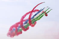 <p>The Al Fursan UAE aerobatic display team performs on Aermacchi MB-339 military trainer and light attack aircraft at the MAKS-2017 International Aviation and Space Salon in Zhukovsky, Moscow Region, Russia, July 18, 2017. (Photo: Marina Lystseva/TASS via Getty Images) </p>