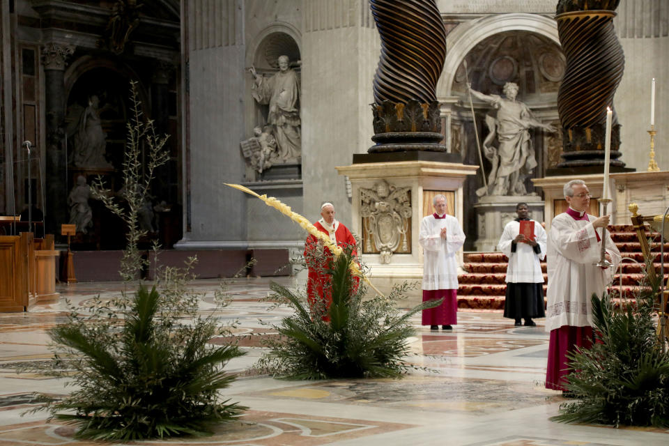 VATICAN CITY, VATICAN - APRIL 05: Pope Francis attends the Palm Sunday Mass in an empty Vatican Basilica of St. Peter's due to the Covid-19 coronavirus pandemic, on April 05, 2020 in Vatican City, Vatican. Pope Francis  greeted the faithful following his Palm Sunday Mass and Angelus and prayed for the sick and their families, and all those who self-sacrificingly care for them. (Photo by Franco Origlia/Getty Images)