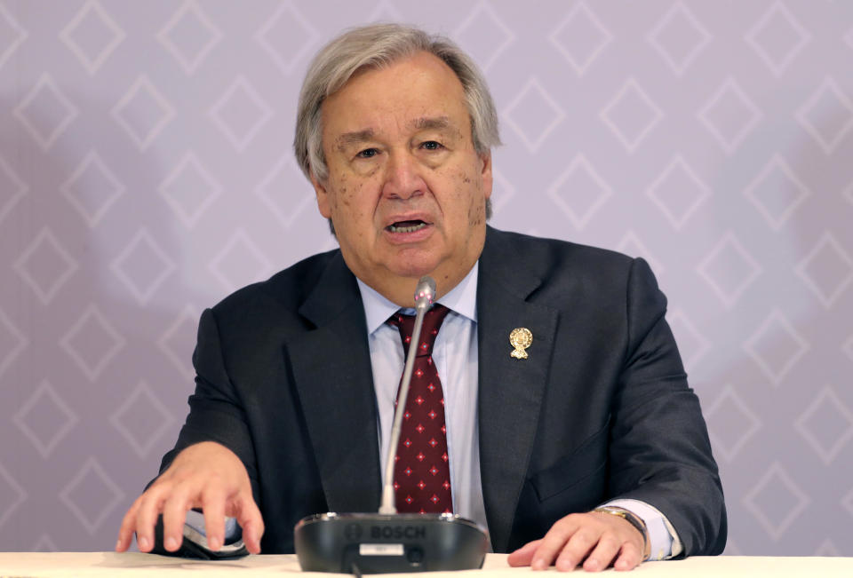 United Nations Secretary-General Antonio Guterres speaks during a press conference at The Association of Southeast Asian Nations (ASEAN) summit in Nonthaburi, Thailand, Sunday, Nov. 3, 2019. (AP Photo/Aijaz Rahi)
