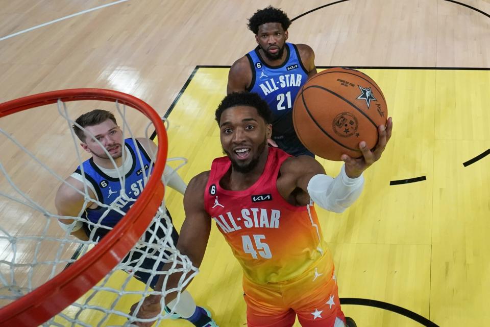 Cavaliers guard Donovan Mitchell shoots during the second half of the NBA All-Star game on Feb. 19.