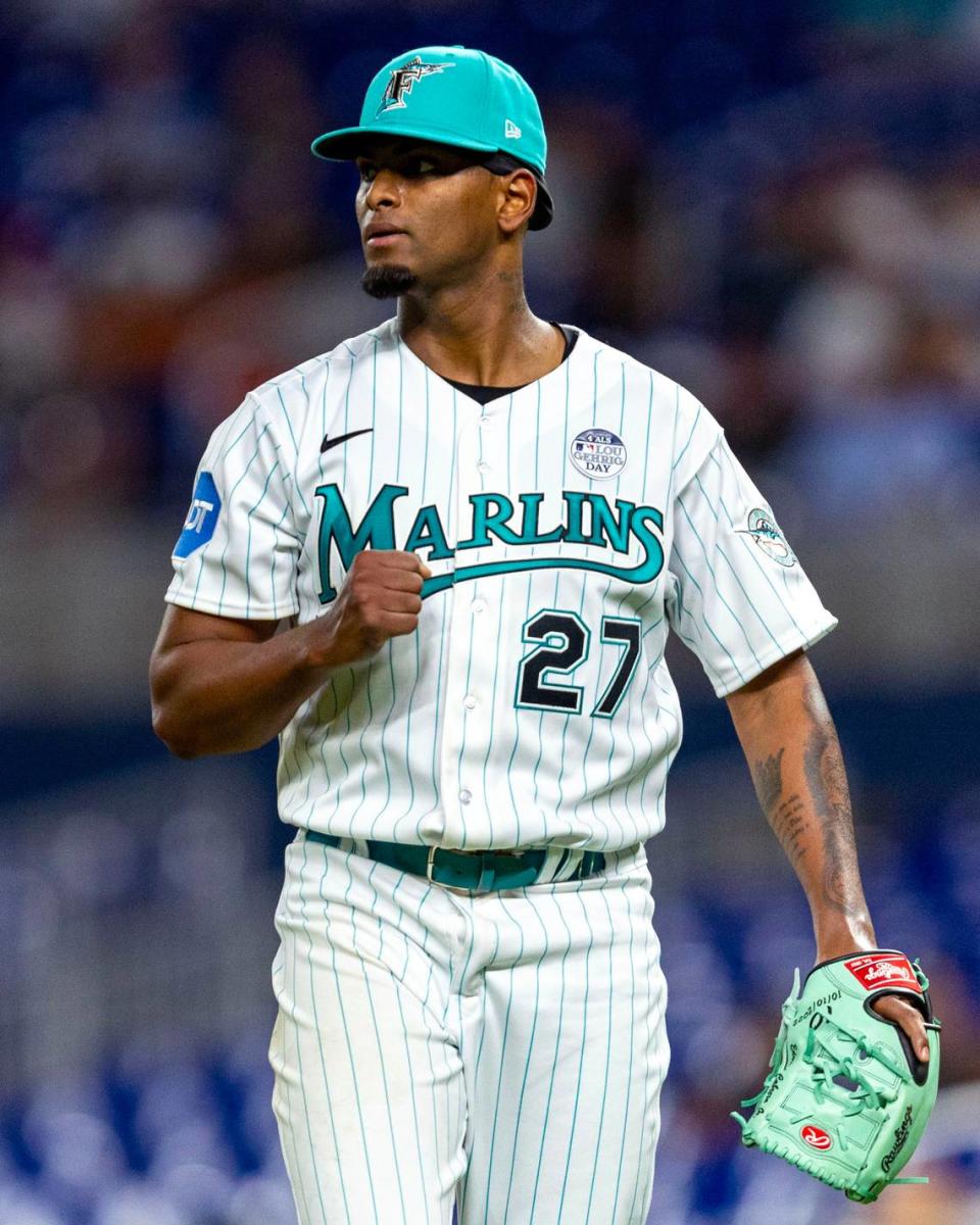 Miami Marlins pitcher Edward Cabrera (27) reacts during the fifth inning of an MLB game against the Oakland Athletics at loanDepot park in the Little Havana neighborhood of Miami, Florida, on Friday, June 2, 2023.