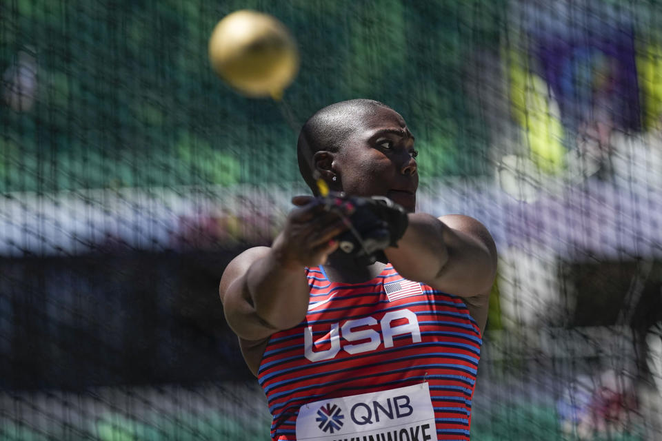 Annette Nneka Echikunwoke, of the United States, competes in the hammer throw at the World Athletics Championships Friday, July 15, 2022, in Eugene, Ore. (AP Photo/David J. Phillip)