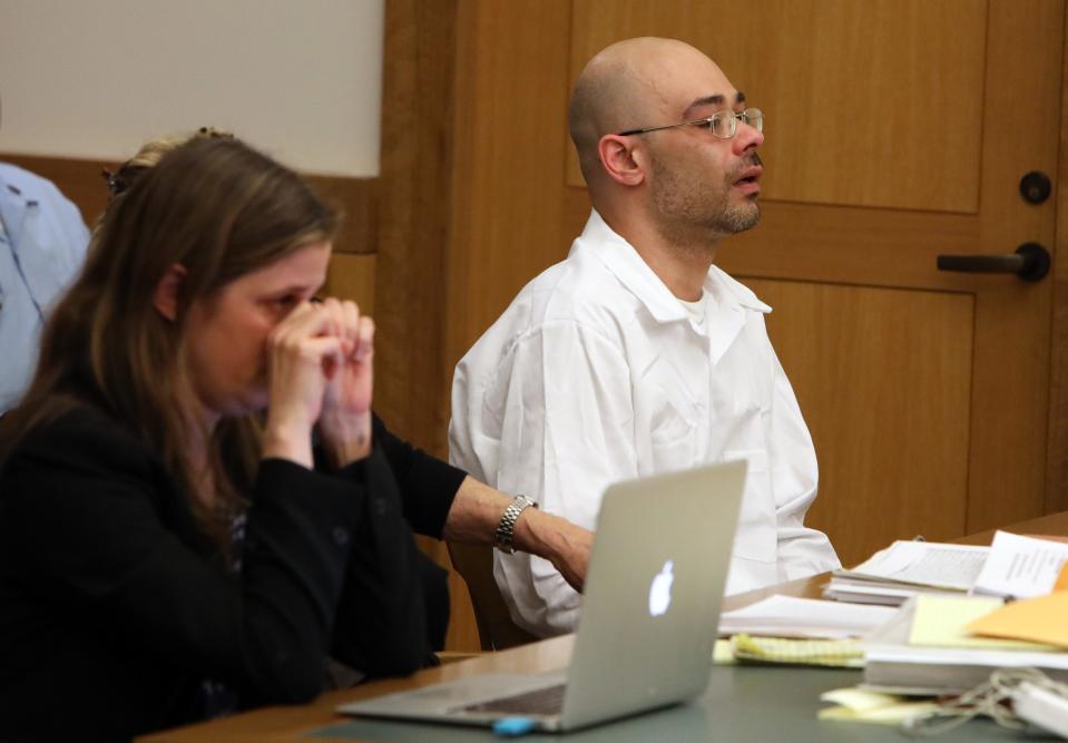 Andrew Krivak is overcome with emotion after a judge threw out his 1997 conviction in the rape and murder of 12-year-old Josette Wright and was granted a new trial, May 9, 2019 in Putnam County Court in Carmel. 