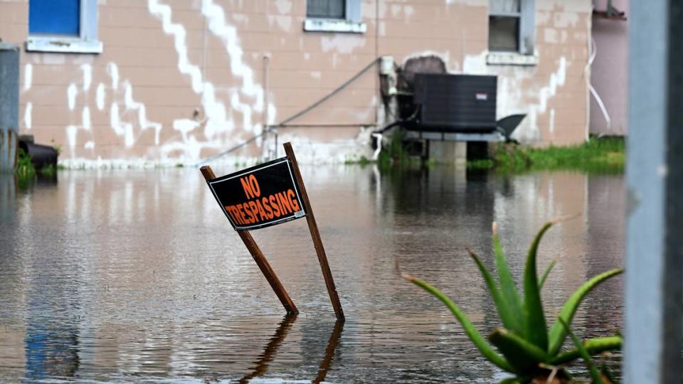 A home in Rubonia is surrounded by water. Several roads are closed in Manatee County as now Hurricane Debbie swept through the area on Monday, Aug. 5, 2024.
