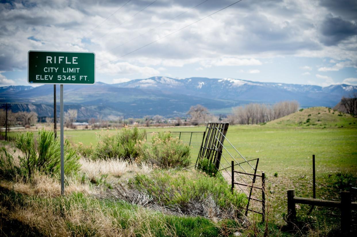 The City Limit sign for Rifle, Colorado on April 24, 2018. Lauren Boebert opened Shooters Grill in 2013 with her husband Jayson in the small town of Rifle, Colorado.