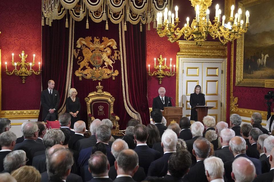 King Charles III before Privy Council members in the Throne Room during the Accession Council at St James's Palace