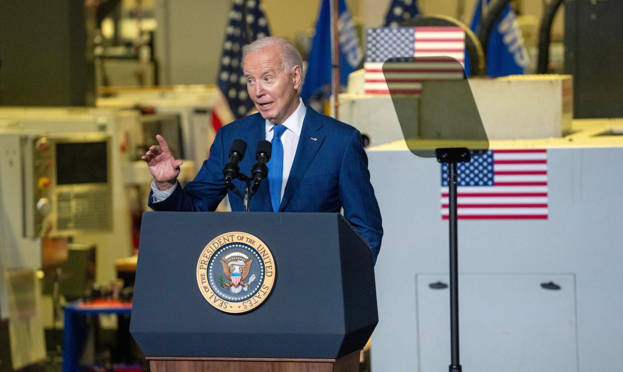 President Biden speaks Wednesday, May 8, 2024 at Gateway Technical College in Sturtevant, Wisc. Microsoft Corp. President Brad Smith joined Biden to highlight Microsoft's moves, which build upon the company's previous investments in the state.