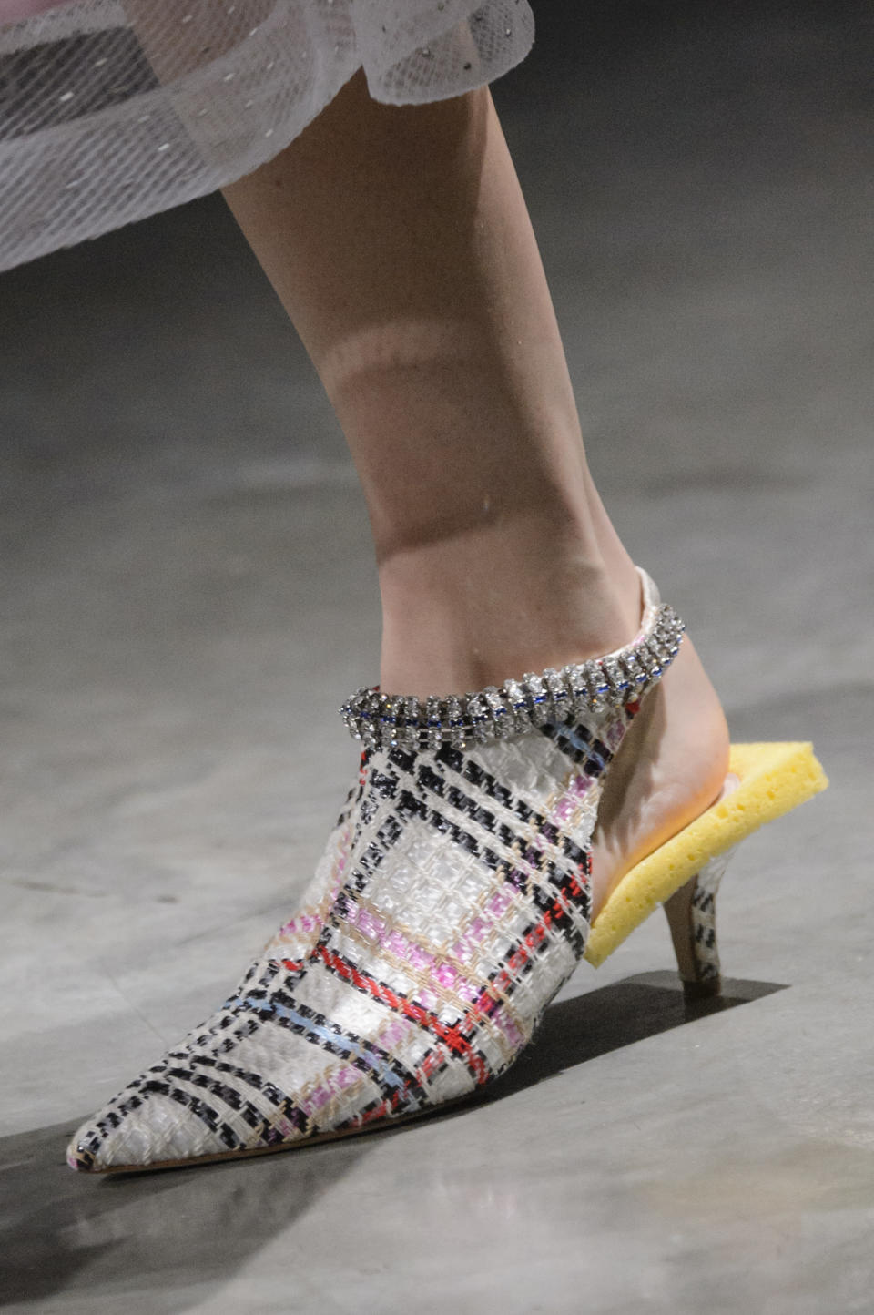 <p><i>Tweed and sponge-adorned cutout heels from the SS18 Christopher Kane collection. (Photo: ImaxTree) </i></p>