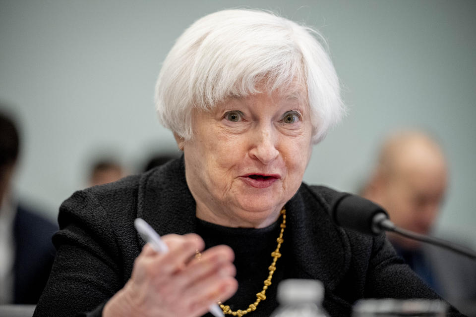 FILE - Treasury Secretary Janet Yellen testifies before a House appropriations subcommittee hearing on Capitol Hill, Wednesday, March 29, 2023, in Washington. Weeks after the failure of two banks, Yellen planned to call Thursday, March 30, for tighter financial regulations. The public push is part of a larger effort by the Biden administration to safeguard the U.S. economy and ensure that individual bank failures can be contained without triggering a chain reaction across the wider financial system. (AP Photo/Andrew Harnik, File)