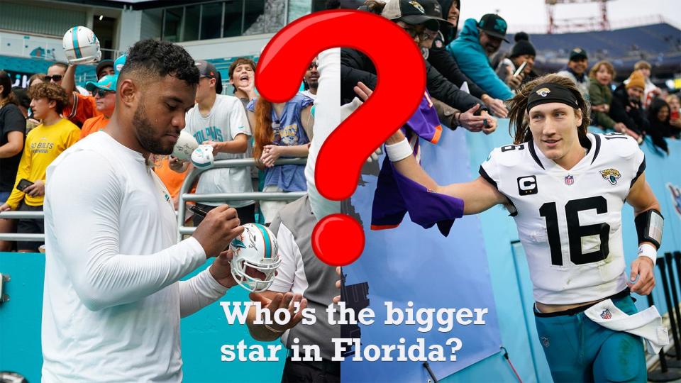 Dolphins quarterback Tua Tagovailoa and Jaguars quarterback Trevor Lawrence are two of the biggest sports stars competing in Florida in 2023. But who is the bigger star? We're asking fans to find out.