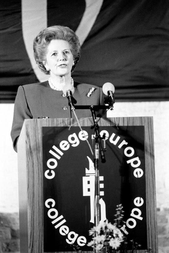 Margaret Thatcher addressing the College of Europe in Bruges, 1988 (PA)