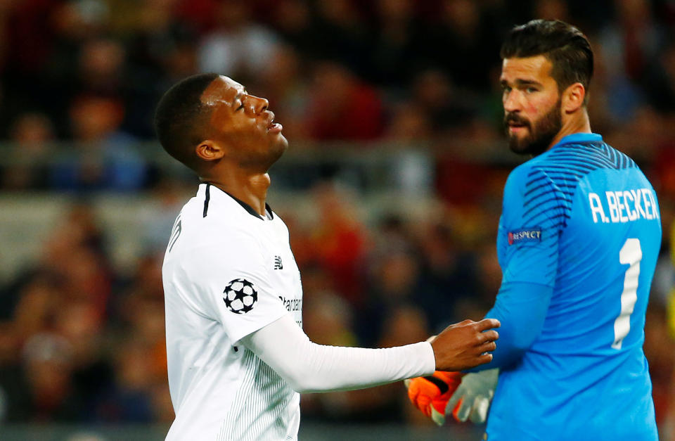 <p>Soccer Football – Champions League Semi Final Second Leg – AS Roma v Liverpool – Stadio Olimpico, Rome, Italy – May 2, 2018 Liverpool’s Georginio Wijnaldum reacts as Roma’s Alisson Becker REUTERS/Tony Gentile </p>