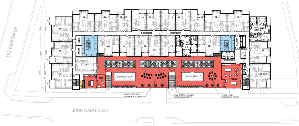 Site plans for a project proposed at 319 Biltmore. Shown here are plans to "activate" the northern building's courtyard.