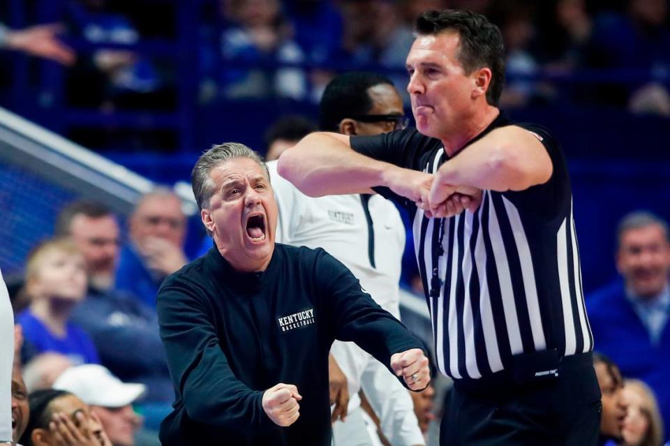 Kentucky Wildcats head coach John Calipari shouts at the referee after a foul was called on Kentucky Wildcats playing defense against the Texas A&M Aggies during the game at Rupp Arena in Lexington, Ky., Saturday, January 21, 2023. The win was the third of four straight after a shocking loss to lowly South Carolina.