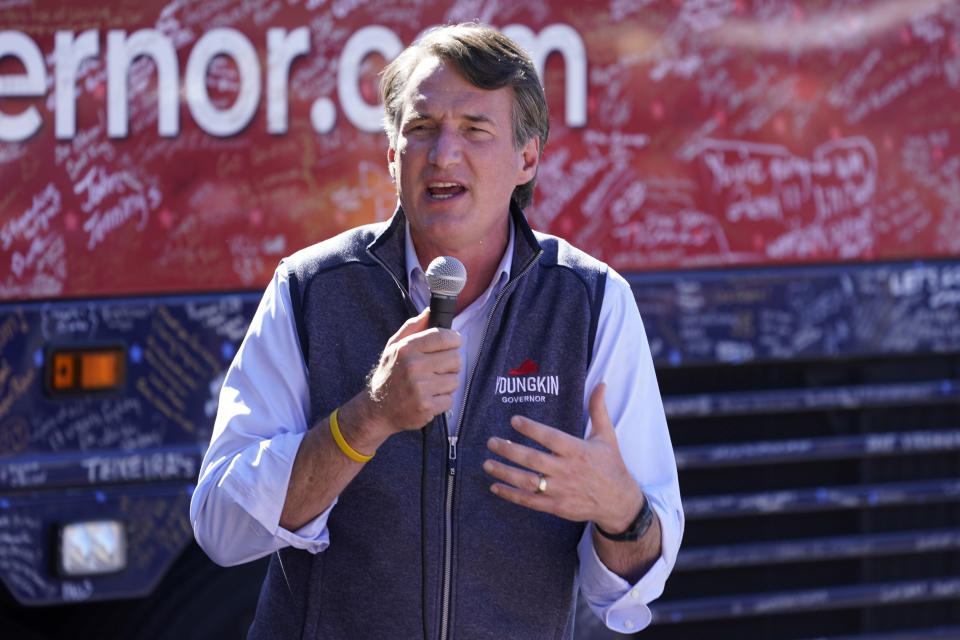 Republican gubernatorial candidate Glenn Youngkin speaks during a campaign rally in Roanoke, Va., Wednesday, Oct. 27, 2021. Youngkin will face Democrat Terry McAuliffe in the November election. (AP Photo/Steve Helber)