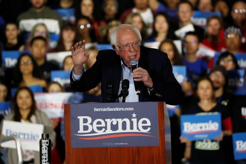 Democratic 2020 U.S. presidential candidate Senator Bernie Sanders waves to supporters during a campaign rally in San Jose, California