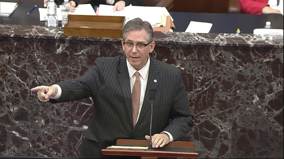 In this image from video, Bruce Castor, an attorney for former President Donald Trump speaks during the second impeachment trial of Trump in the Senate at the U.S. Capitol in Washington, Tuesday, Feb. 9, 2021. (Senate Television via AP)