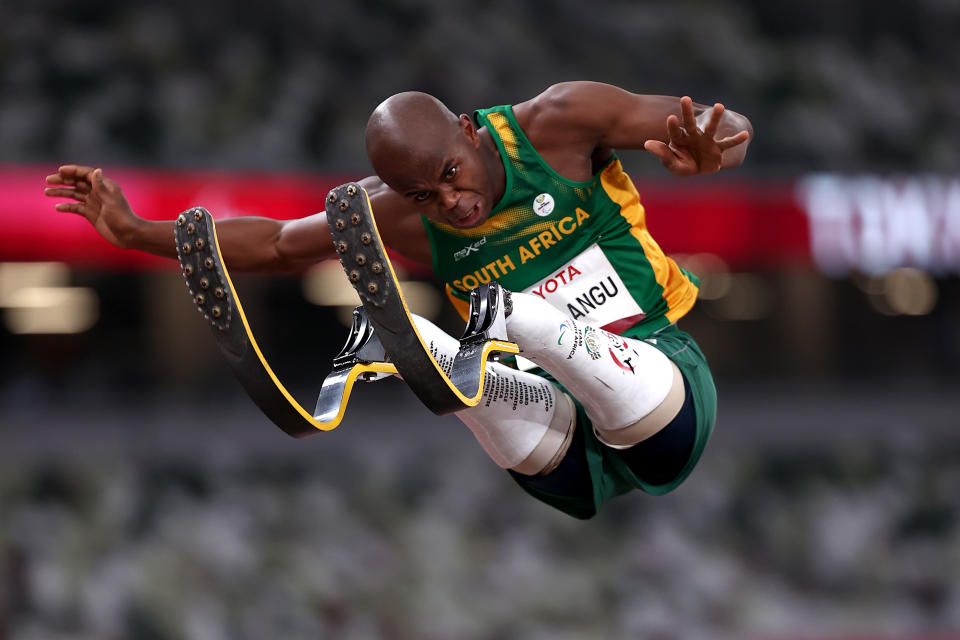 TOKYO, JAPAN - AUGUST 28: Ntando Mahlangu of Team South Africa competes in the Men’s Long Jump - T63 Final on day 4 of the Tokyo 2020 Paralympic Games