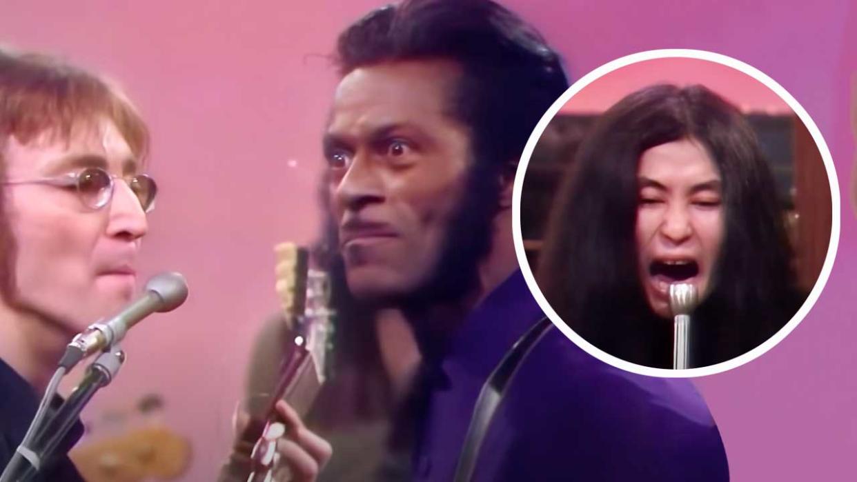  John Lennon and Chuck Berry on the Mike Douglas show with (inset) Yoko Ono 