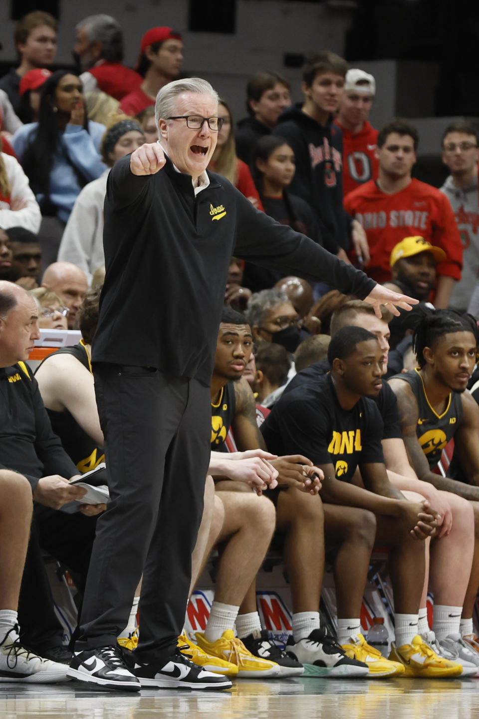 Iowa head coach Fran McCaffery instructs his team against Ohio State during the second half of an NCAA college basketball game on Saturday, Jan. 21, 2023, in Columbus, Ohio. (AP Photo/Jay LaPrete)