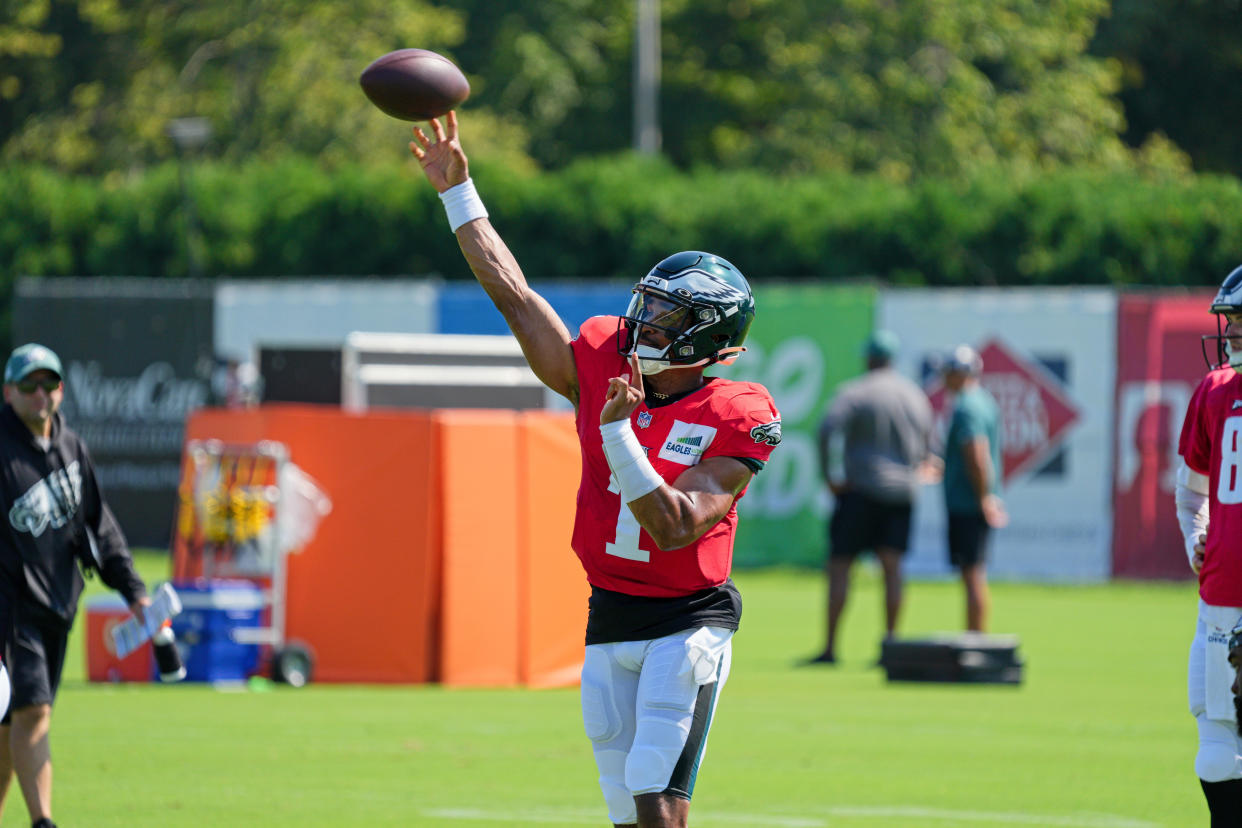 Philadelphia Eagles quarterback Jalen Hurts (1) has a ton of fantasy upside