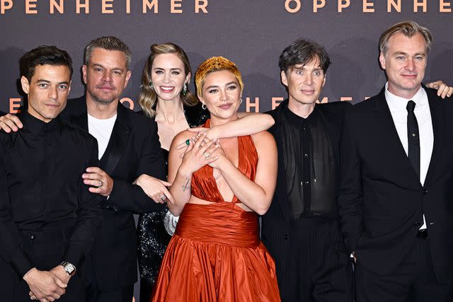 <p>Gareth Cattermole/Getty</p> Rami Malek, Matt Damon, Emily Blunt, Florence Pugh, Cillian Murphy and Christopher Nolan on July 13, 2023