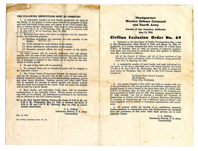 A Civilian Exclusion Order applicable to individuals of Japanese ancestry, issued in 1942.