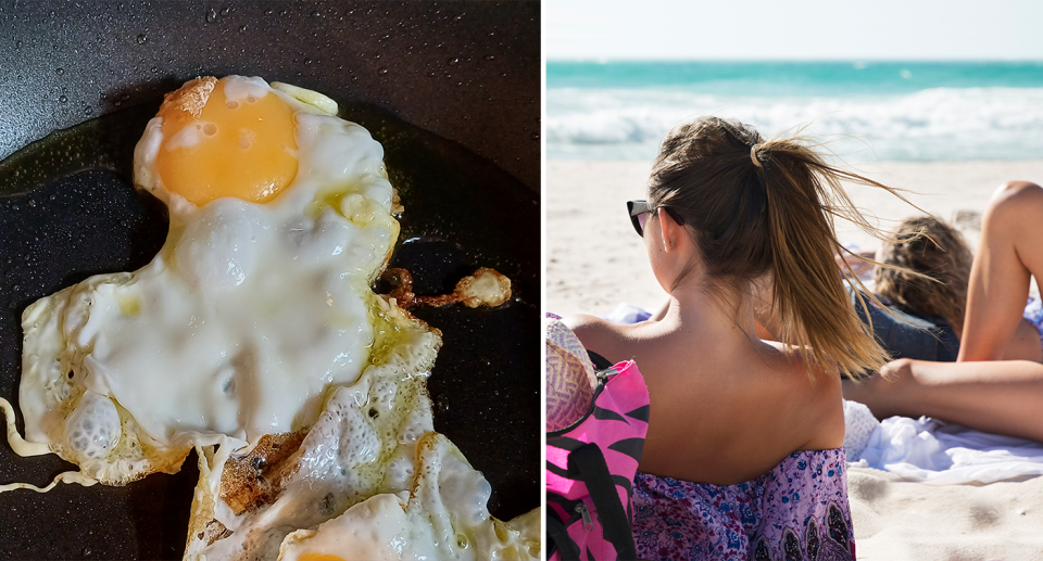 Left - an egg on a non-stick frying pan. Right - someone sunbaking.
