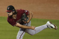 Arizona Diamondbacks starting pitcher Zac Gallen follows through on a delivery to a Los Angeles Dodgers batter during the seventh inning of a baseball game Wednesday, Sept. 2, 2020, in Los Angeles. (AP Photo/Marcio Jose Sanchez)