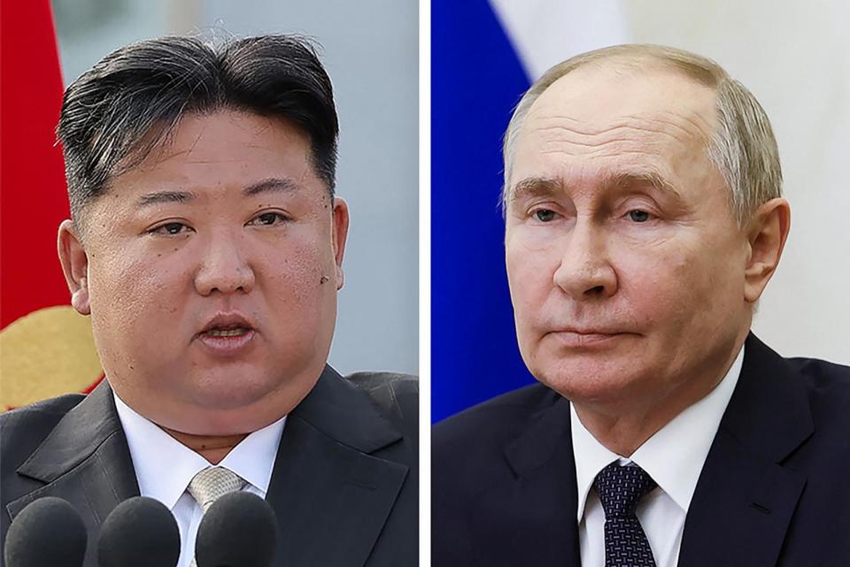 PHOTO: This combination of file pictures created on June 12, 2024 shows North Korean leader Kim Jong Un in Pyongyang on May 21, 2024, and Russia's President Vladimir Putin in Moscow on May 31, 2024. (KCNA and Sputnik/AFP via Getty )