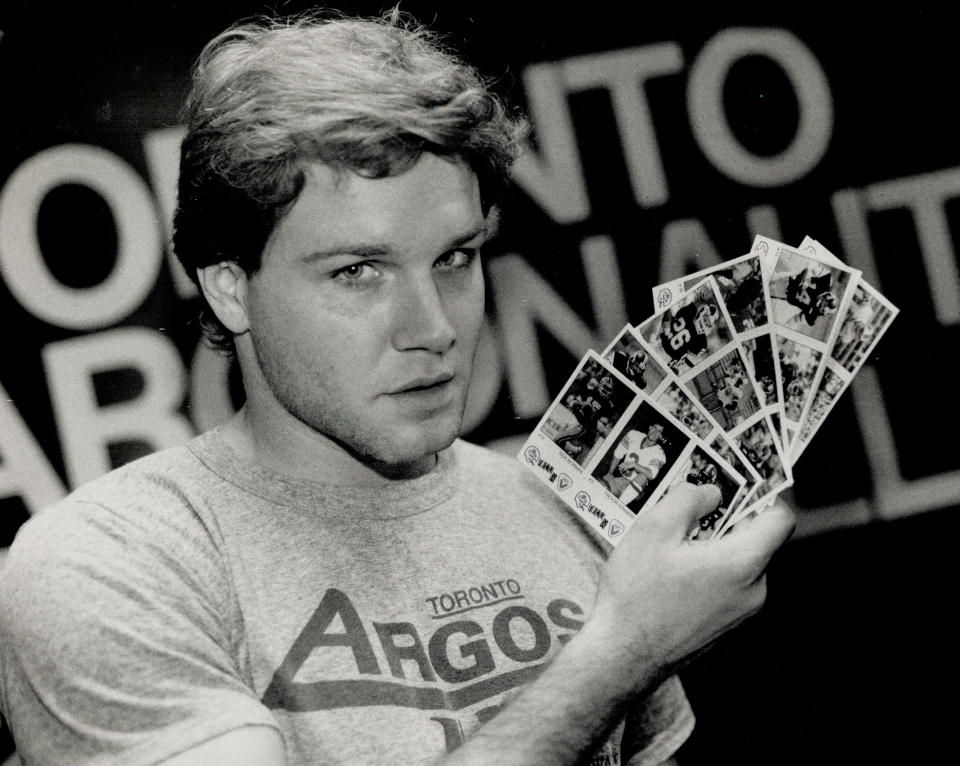 October 3, 1989: Argo running back Gill Fenerty shows off some of the CFL player cards that the Boatmen handed out to the first 10;000 fans through the turnstiles when the Ottawa Rough Riders paid a visit to the SkyDome. (Photo by Paul Hunter/Toronto Star via Getty Images)