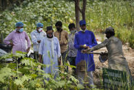 Relatives and health workers pay their respects as the body of a three-month-old COVID-19 victim is buried in New Delhi, India, Wednesday, Sept. 16, 2020. India's total of coronavirus infections passed 5 million Wednesday, still soaring and testing the feeble health care system in tens of thousands of impoverished towns and villages. (AP Photo/Manish Swarup)