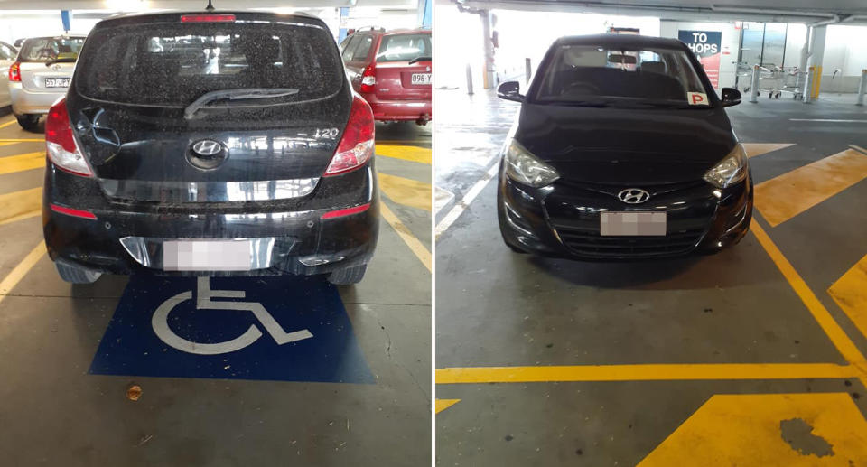 A Hyundai with a p-plate is pictured parked in a disabled spot at Big Top Maroochydore.