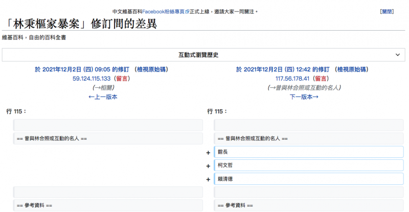 20211205-維基百科中，關於林秉樞紐施暴一案資料被修改之紀錄（擷取自維基百科）