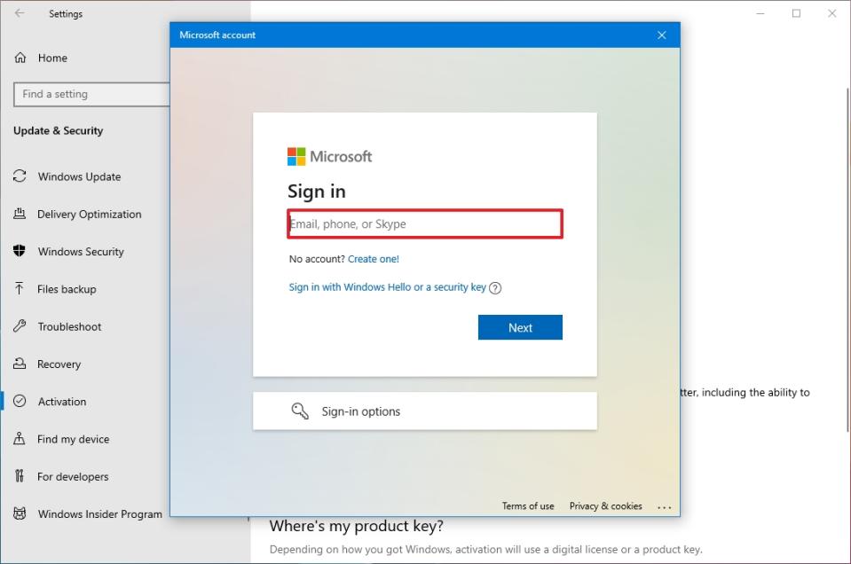 Microsoft Account Sign in on Windows 10