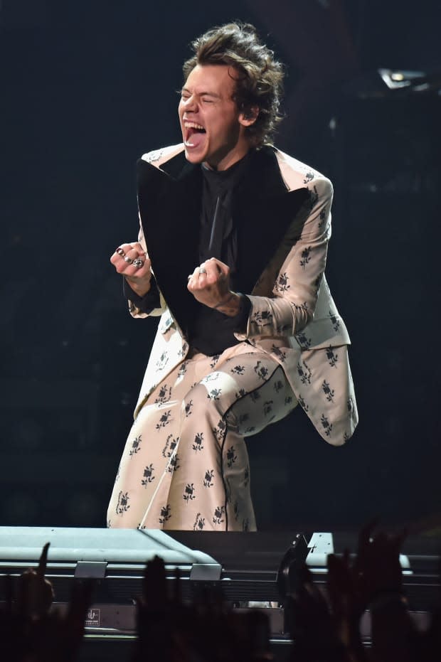 <p>Harry Styles in Gucci performing in New York during "Harry Styles: Live on Tour." Photo: Kevin Mazur/Getty Images</p>