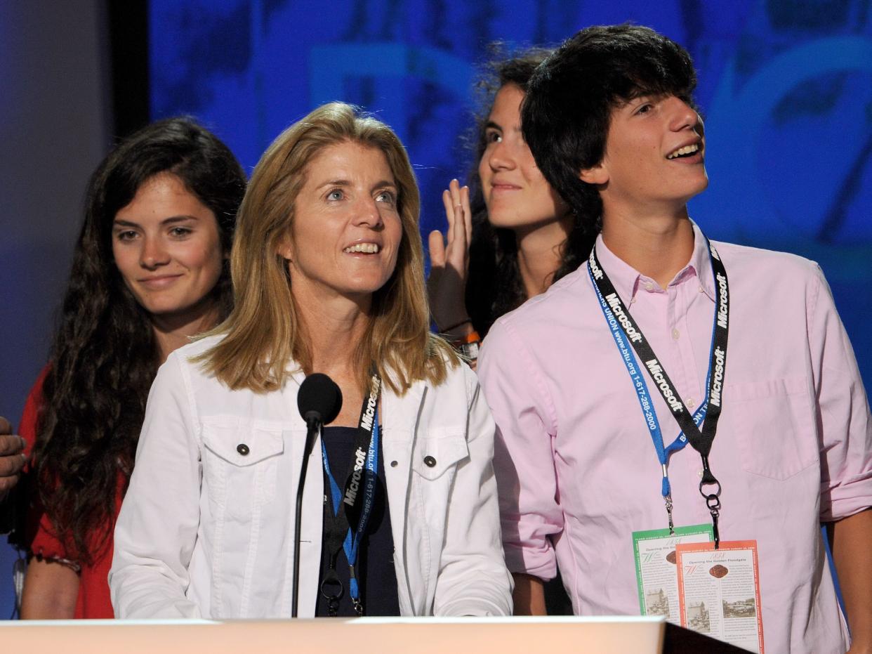 Caroline Kennedy and her family, daughters: Rose, Tatiana and son James Schlossberg on stage during rehearsals at the 2008 Democratic Convention