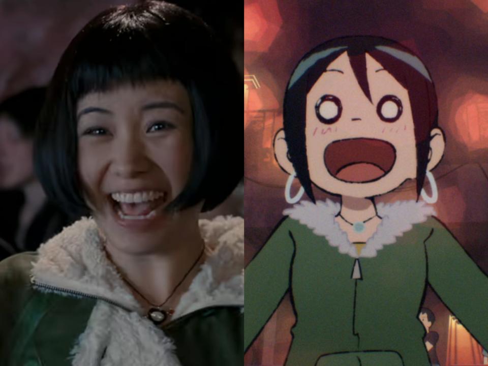 left: ellen wong as knives chau in the scott pilgrim movie, smiling widely and with her hair cropped into a bob. she's wearing a green goat with a fur collar; right: animated knives, her face in a cartoonish expression of joy and wearing a similar jacket