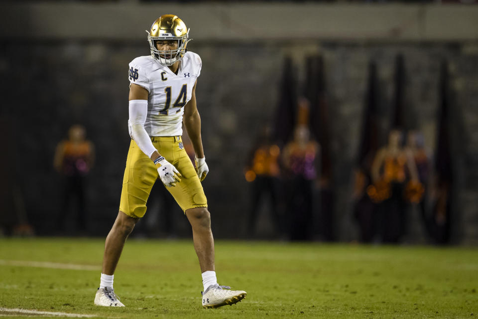 Notre Dame safety Kyle Hamilton lines up against Virginia Tech in 2021. (Photo by Scott Taetsch/Getty Images)
