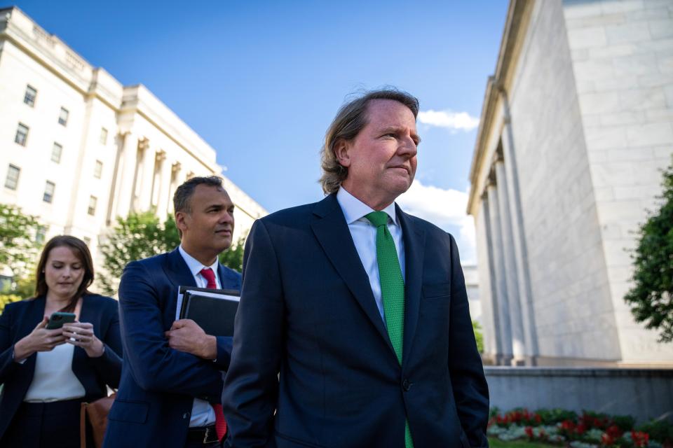 Former White House counsel Don McGahn leaves Capitol Hill after closed door meeting with the House Judiciary Committee on 4 June 2021 in Washington, DC. McGahn, a witness in special counsel Robert Mueller’s investigation, was first subpoenaed by the committee two years ago but was blocked from appearing by the White House (Getty Images)