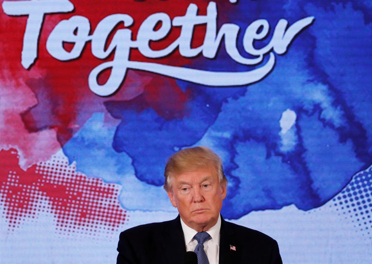 President Donald Trump attends a state dinner Tuesday hosted by South Korea's President Moon Jae-in at the Blue House in Seoul. (Photo: Jonathan Ernst / Reuters)