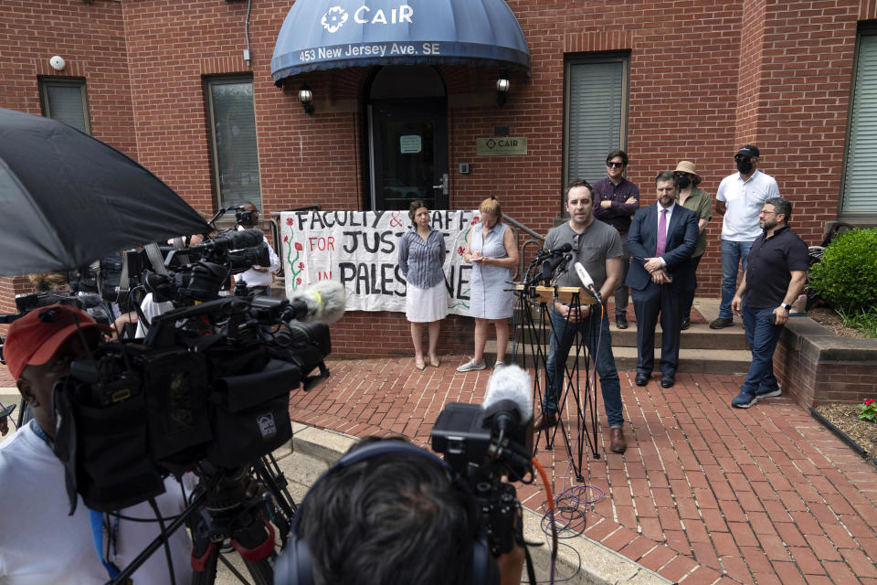 GW associate professor Peter Calloway speaks during a news conference after police cleared a pro-Palestinian tent encampment at George Washington University early Wednesday and arrested demonstrators, Wednesday, May 8, 2024, in Washington. (AP Photo/Jose Luis Magana)